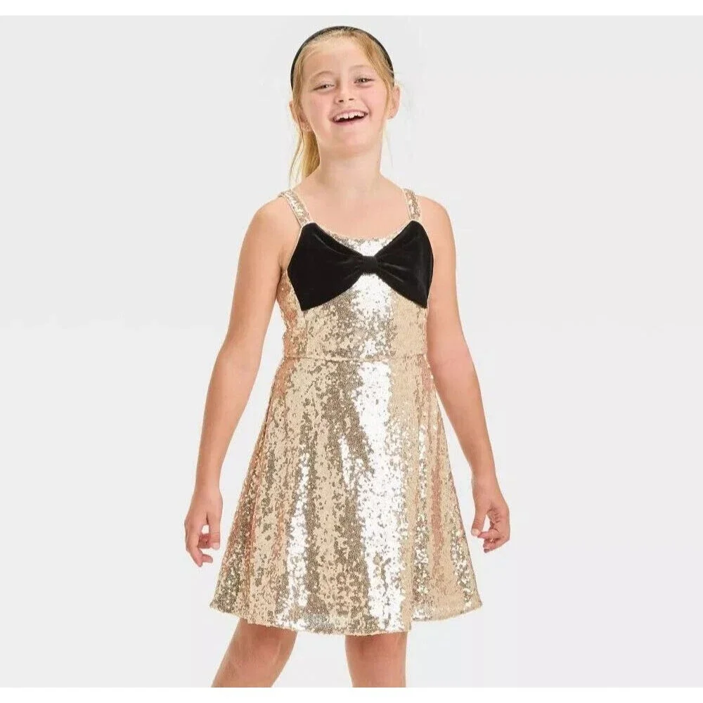 Girls' Sleeveless Gold Sequin Skater Velvet Bow Dress - Cat & Jack Size M - 8